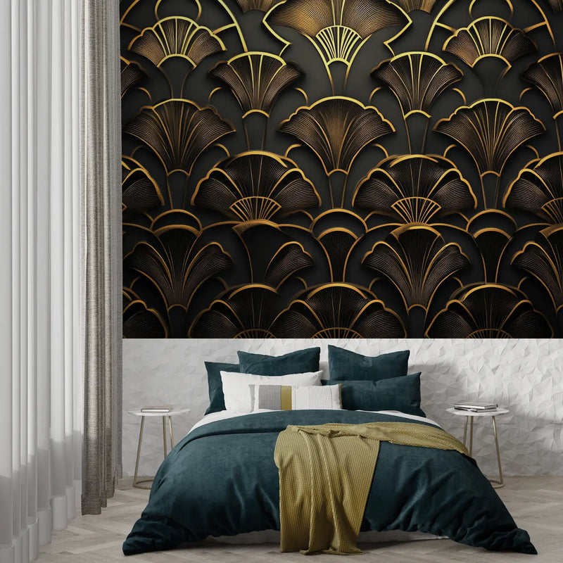 Papier Peint Art Deco Noir Or Fleurs 3D - panoramique tendance