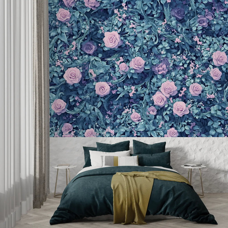 Papier Peint Bleu Et Rose Fleurs - trompe l'oeil