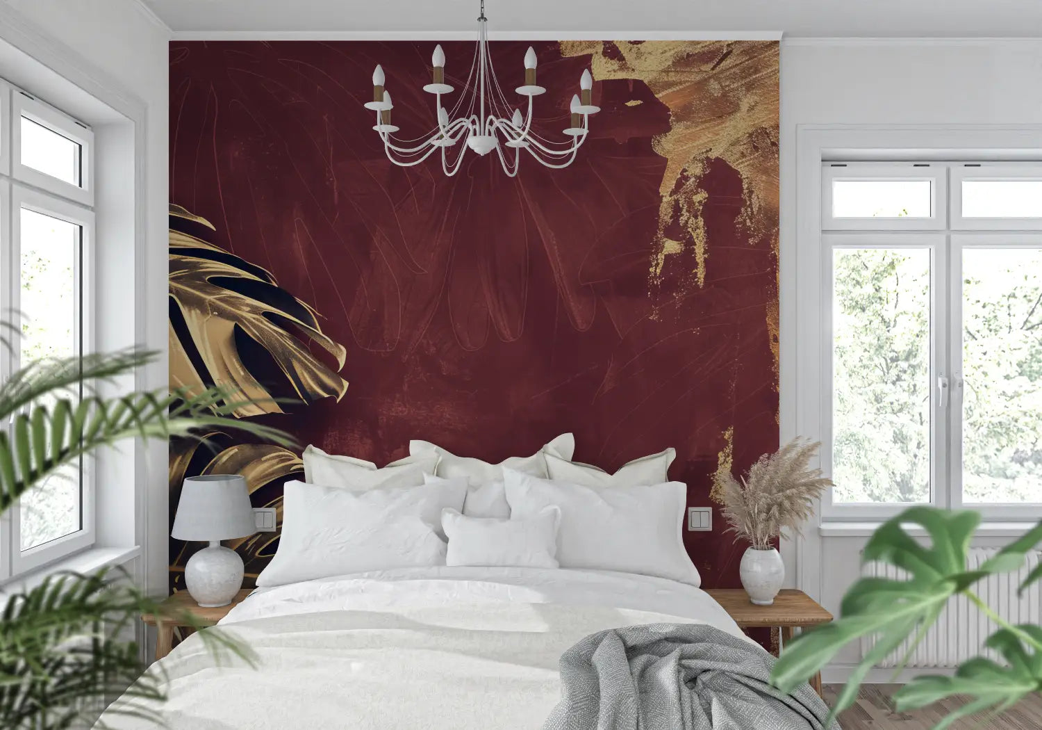 Burgundy Gold Leaf Wallpaper - Second Image