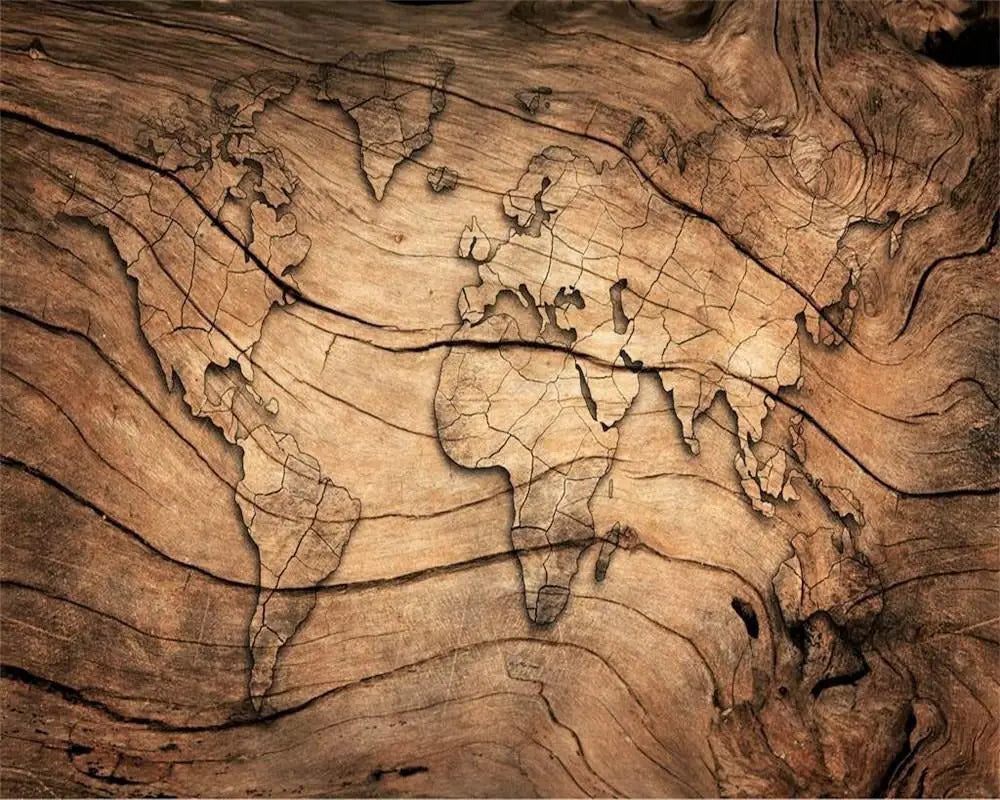 Carta da parati con mappa del mondo effetto legno