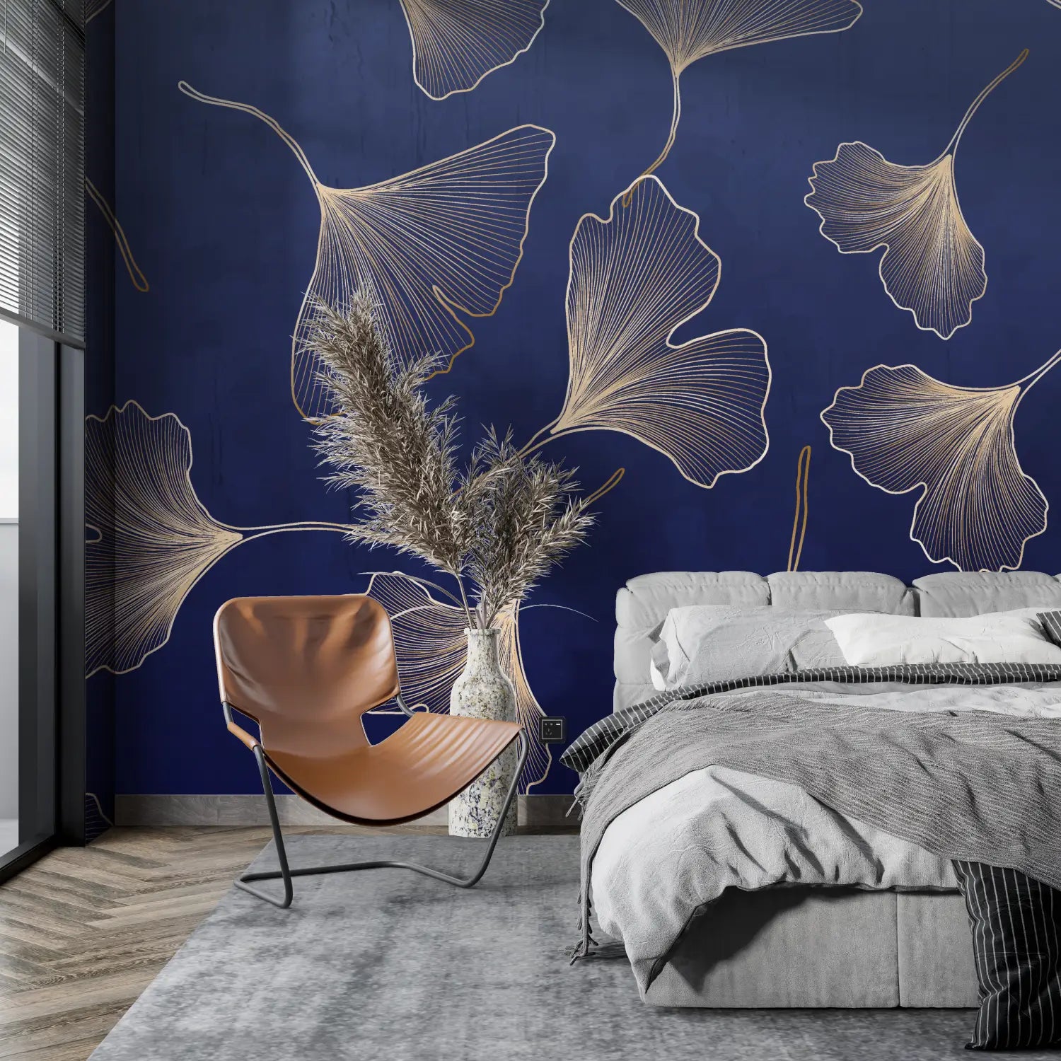 Papier Peint Ginkgo Bleu - tapisserie pano