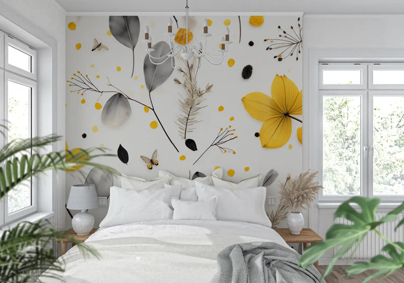 Papier Peint Jaune Et Gris Floral - mur cuisine