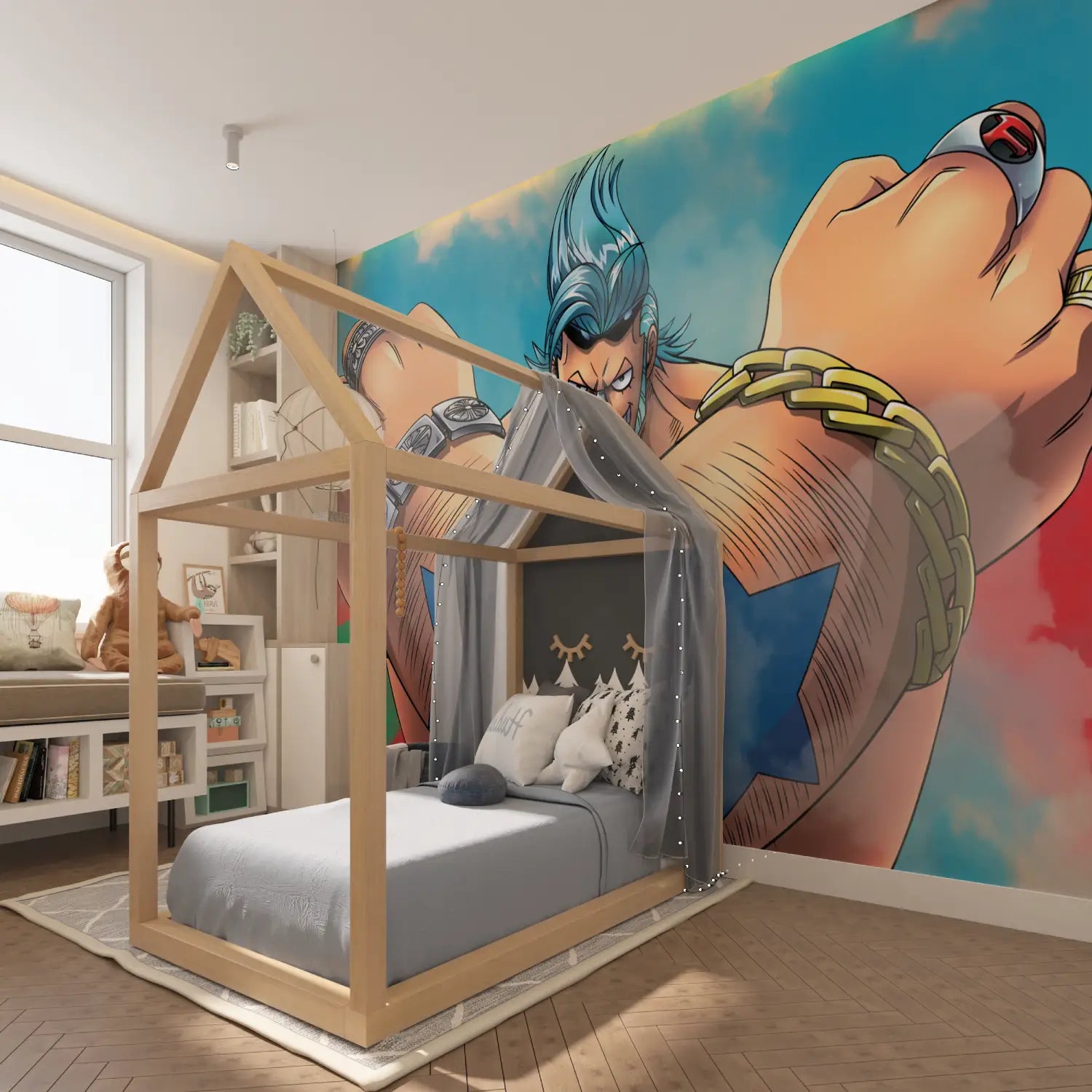 Papier Peint One Piece Franky - chambre garçon lit