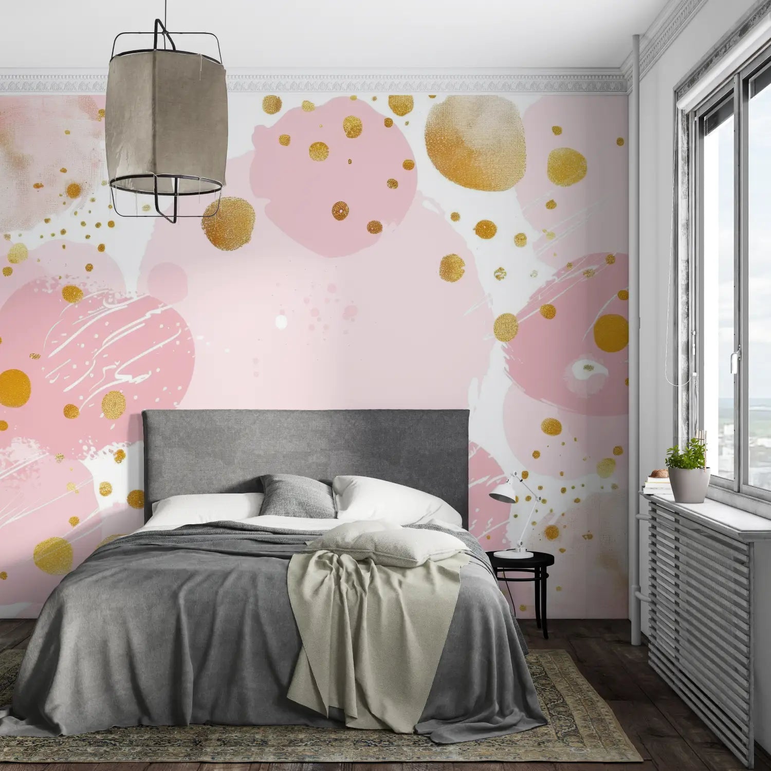 Papier Peint Rose Pois Doré - mural