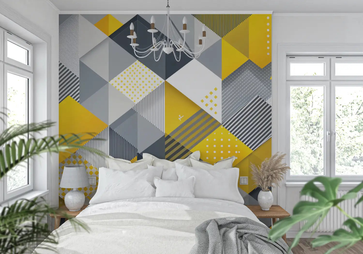 Papier Peint Scandinave Jaune Et Gris - tapisserie pano