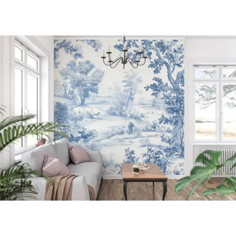 Papier Peint Toile De Jouy Foret Bleu - panoramique tendance