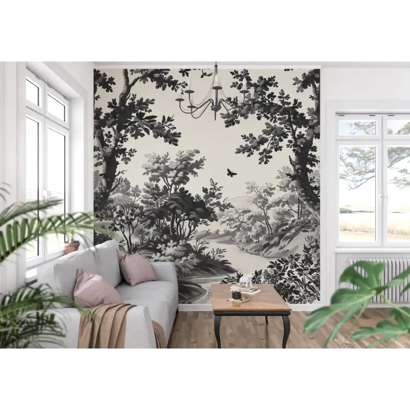 Toile De Jouy Landscape Black White Wallpaper - Second Image