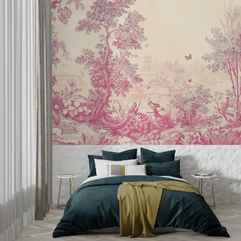 Trendy Pink Toile De Jouy Wallpaper - Second Image