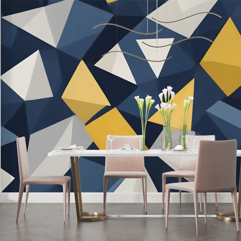 Papier Peint Triangle Bleu Jaune - chambre adulte