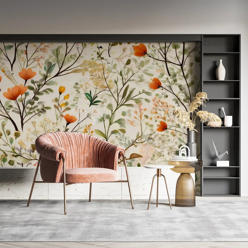 Papier Peint Vintage Fleur Orange - mural