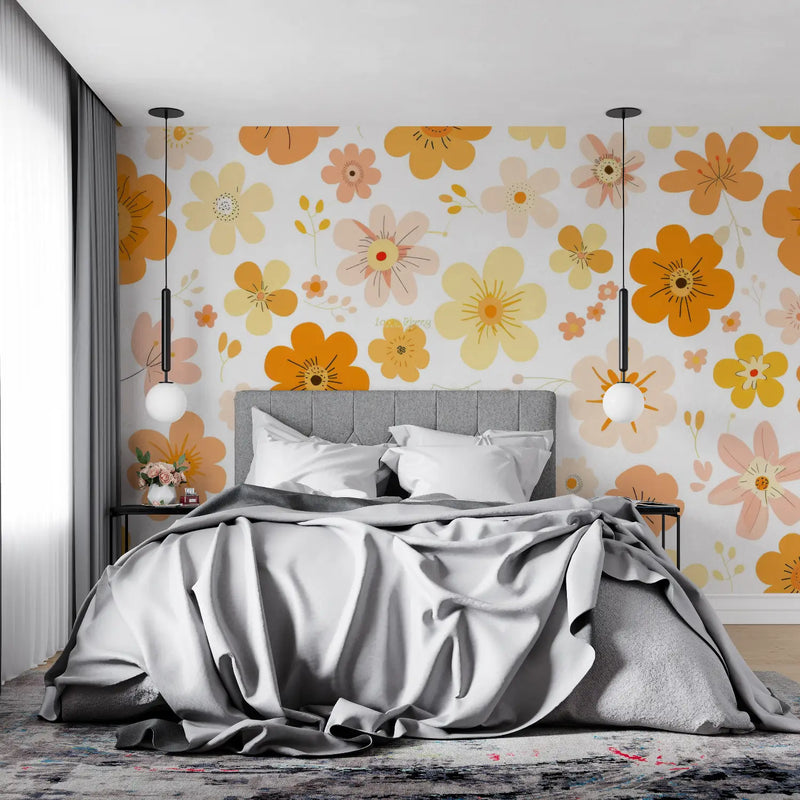 Papier Peint Vintage Fleurs Orange - panoramique 4murs